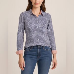 Foxcroft Wrinkle-Free Cotton Button Shirt 18 Shaped Blue Geo Print Stripe Trim